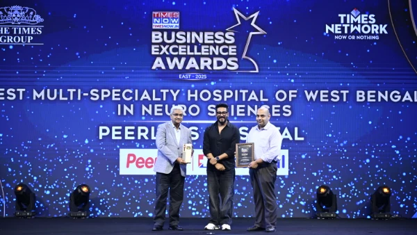 Department of Neuro Sciences wins Best Multi-Specialty Hospital Award at the Times Now Business Excellence Award East 2025. Dr. Tapas Kumar Banerjee, Medical Director & Chief Consultant Neurologist and Dr. Prasad Krishnan, Clinical Director, Department of Neurosurgery receives the award on behalf of the department.